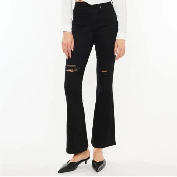 Kancan Flare Jeans High Rise Distressed Black Size 27 Petite - Picture 1 of 12
